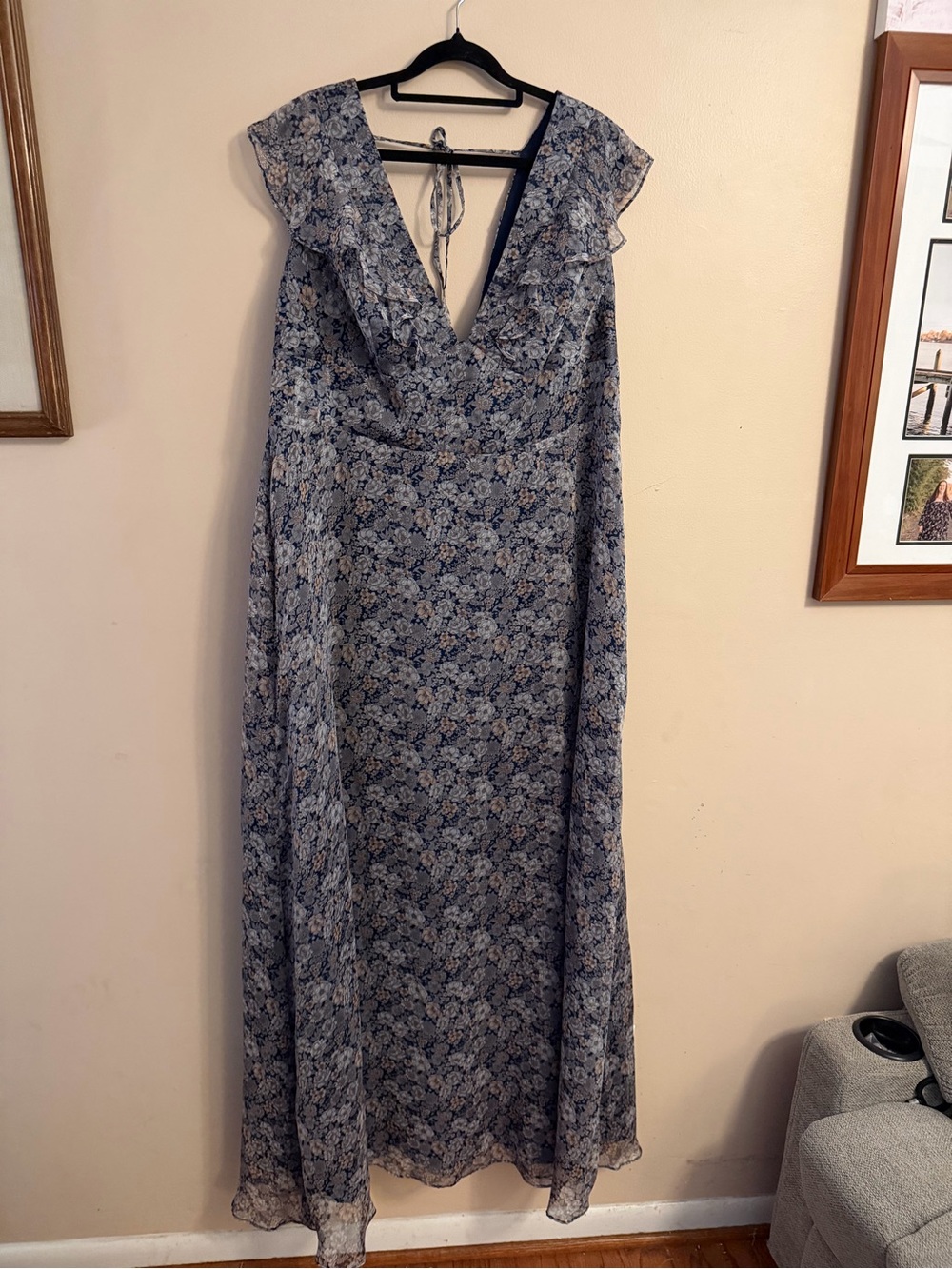 Marine Blue Floral V-Neck Maxi Dress